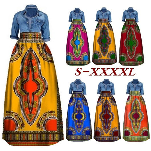 Mocure Women African Vintage Splice Dashiki Sleeveless Summer Pockets Long Maxi Dress Casual Maxi Skirt