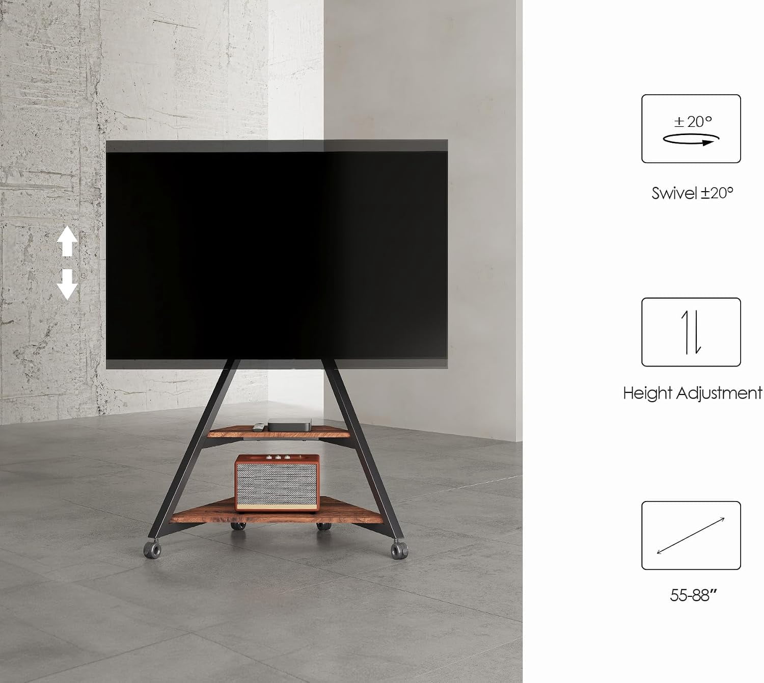 FITUEYES Eiffel Series Corner TV Stand for 55–88 Inch TVs, Black & Walnut, Storage Shelf