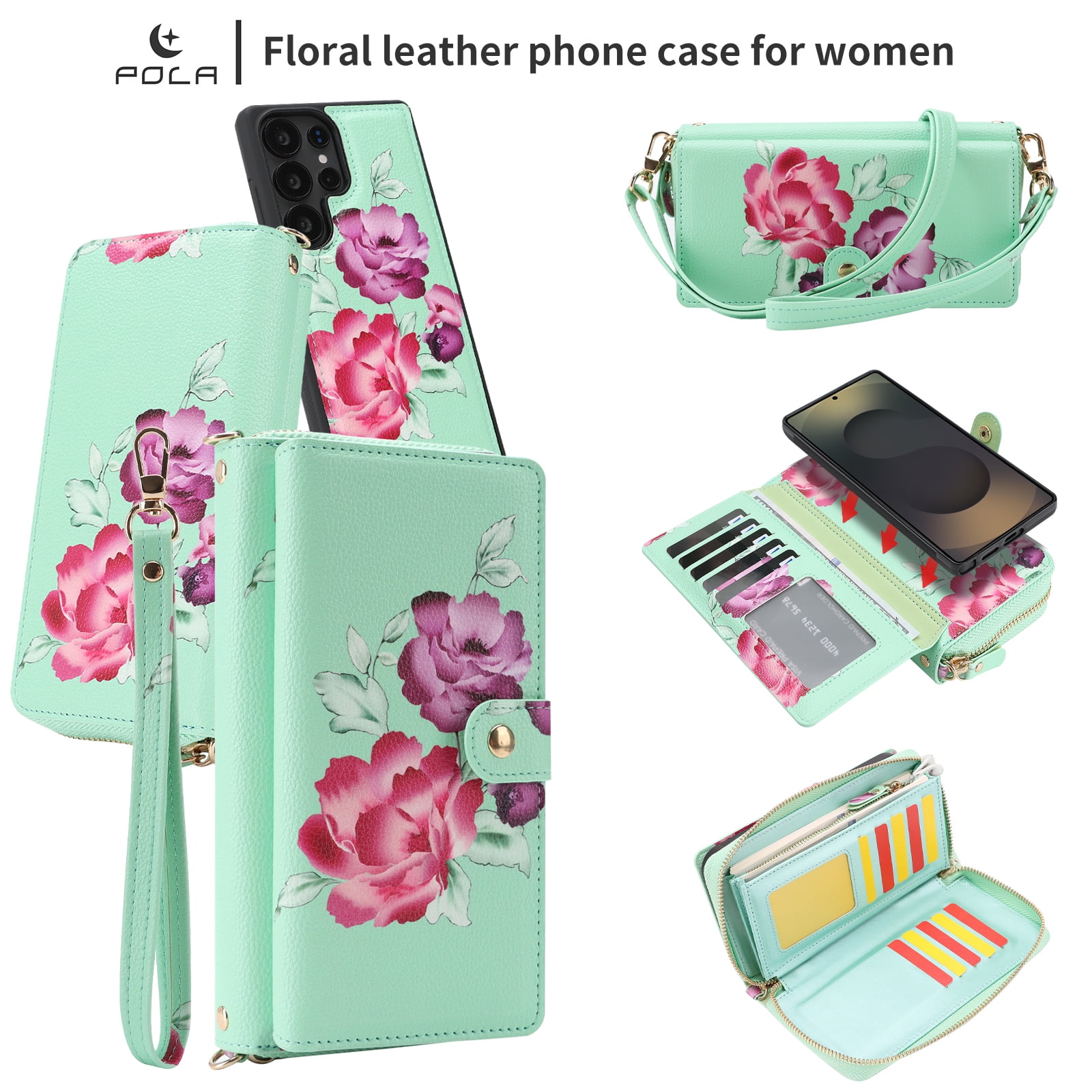 TECH CIRCLE 2-in-1 Wallet Case for Galaxy S25 Ultra (6.9", 2025), Detachable Magnetic Back Cover, PU Leather Flip Flower Phone Case with 15 Card Slots, Zipper Pocket, Wrist/Shoulder Strap, Green