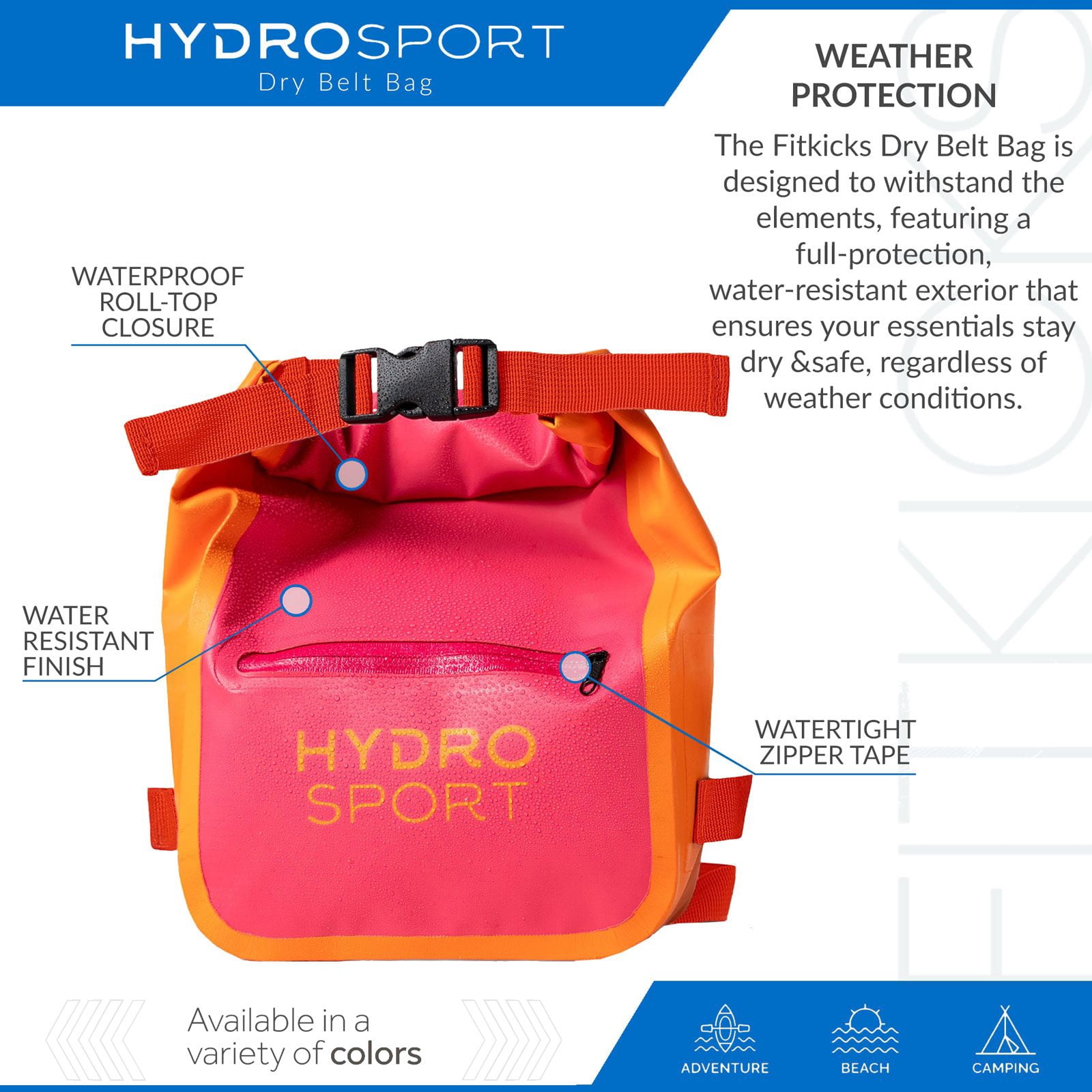 FITKICKS HydroSport Dry Belt Bag Waterproof Waist Pack with Adjustable Strap - Pink