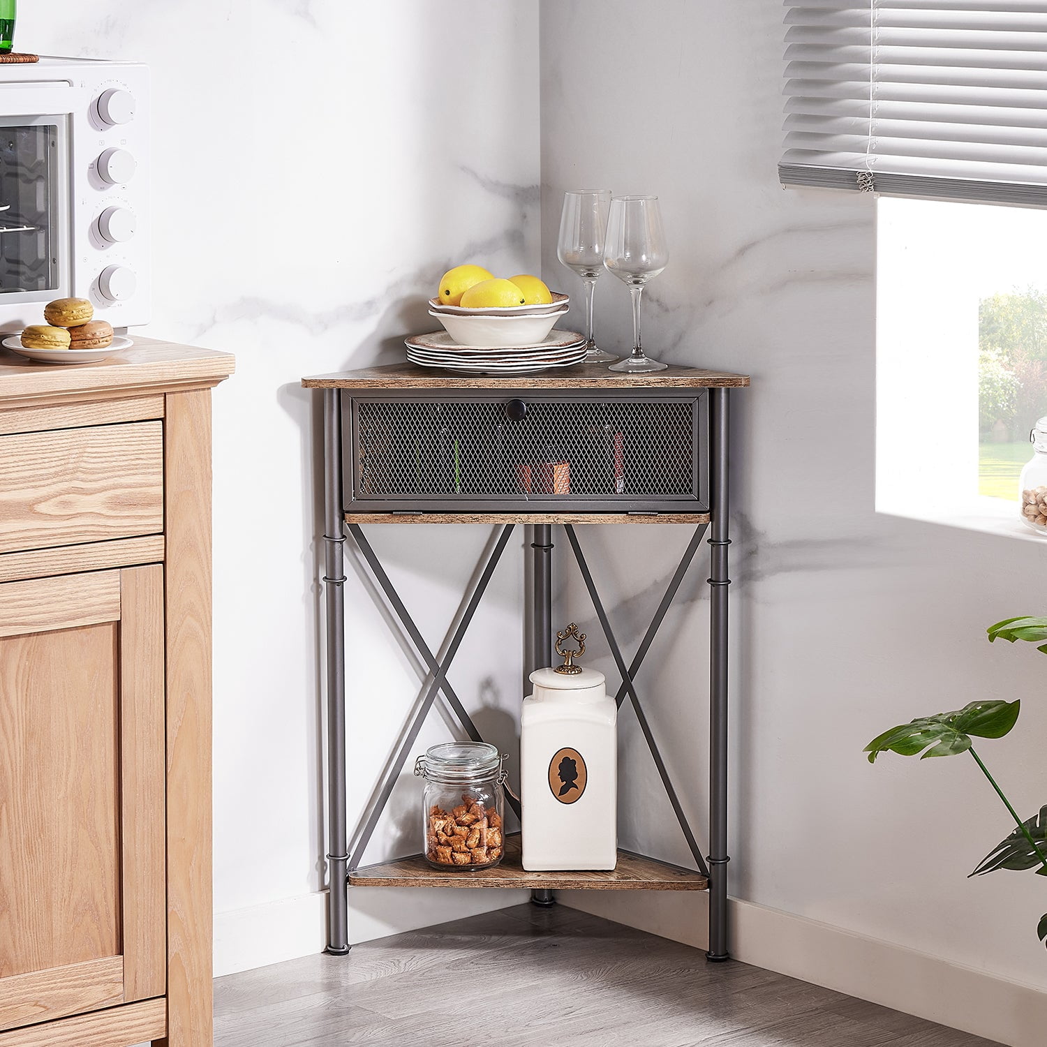 VECELO Corner Storage Cabinet with Flip Drawer and Shelf, Triangle X-Shaped Freestanding Floor Cabinet, Gray