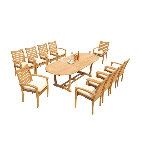 Grade-A Teak Dining Set: 10 Seater 11 Pc: 94" Mas Oval Trestle Leg Table And 10 Aspen Stacking Arm Chairs Outdoor Patio WholesaleTeak #51AP2311