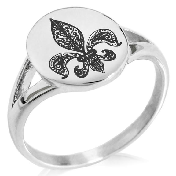 Stainless Steel Paisley Fleur De Lis Minimalist Oval Top Polished Statement Signet Ring