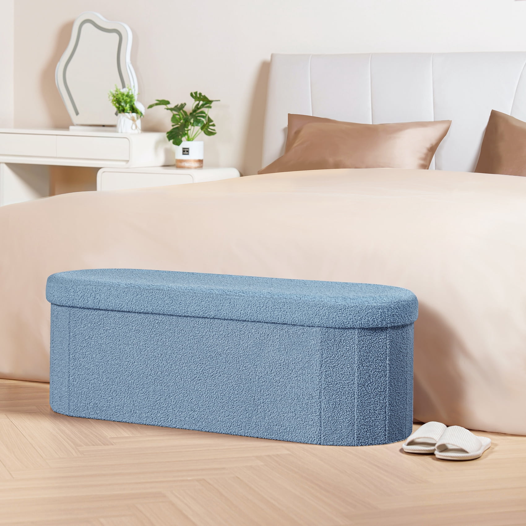 PINPLUS Storage Ottoman Bench Tufted Oval Ottoman Bench Foot Rest Velvet Bench with Storage 43" Blue