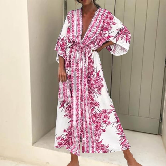 Soldes! Cameland Robe Cheville à Manches Longues Imprimée à Col en V pour Femmes