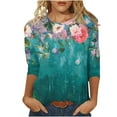 thumbnail image 1 of QIPOPIQ Hauts pour Femmes Manches 3/4 Chemises Col Rond Blouses Décontractées Imprimé Floral T-Shirts Liquidation, 1 of 5