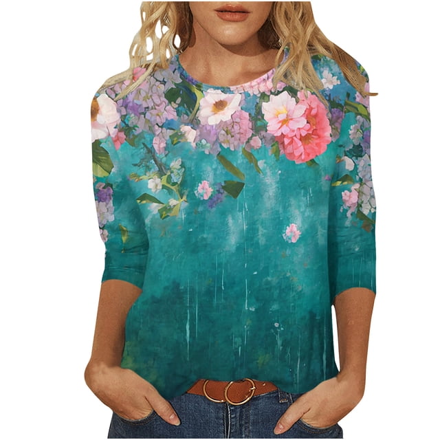 QIPOPIQ Hauts pour Femmes Manches 3/4 Chemises Col Rond Blouses Décontractées Imprimé Floral T-Shirts Liquidation