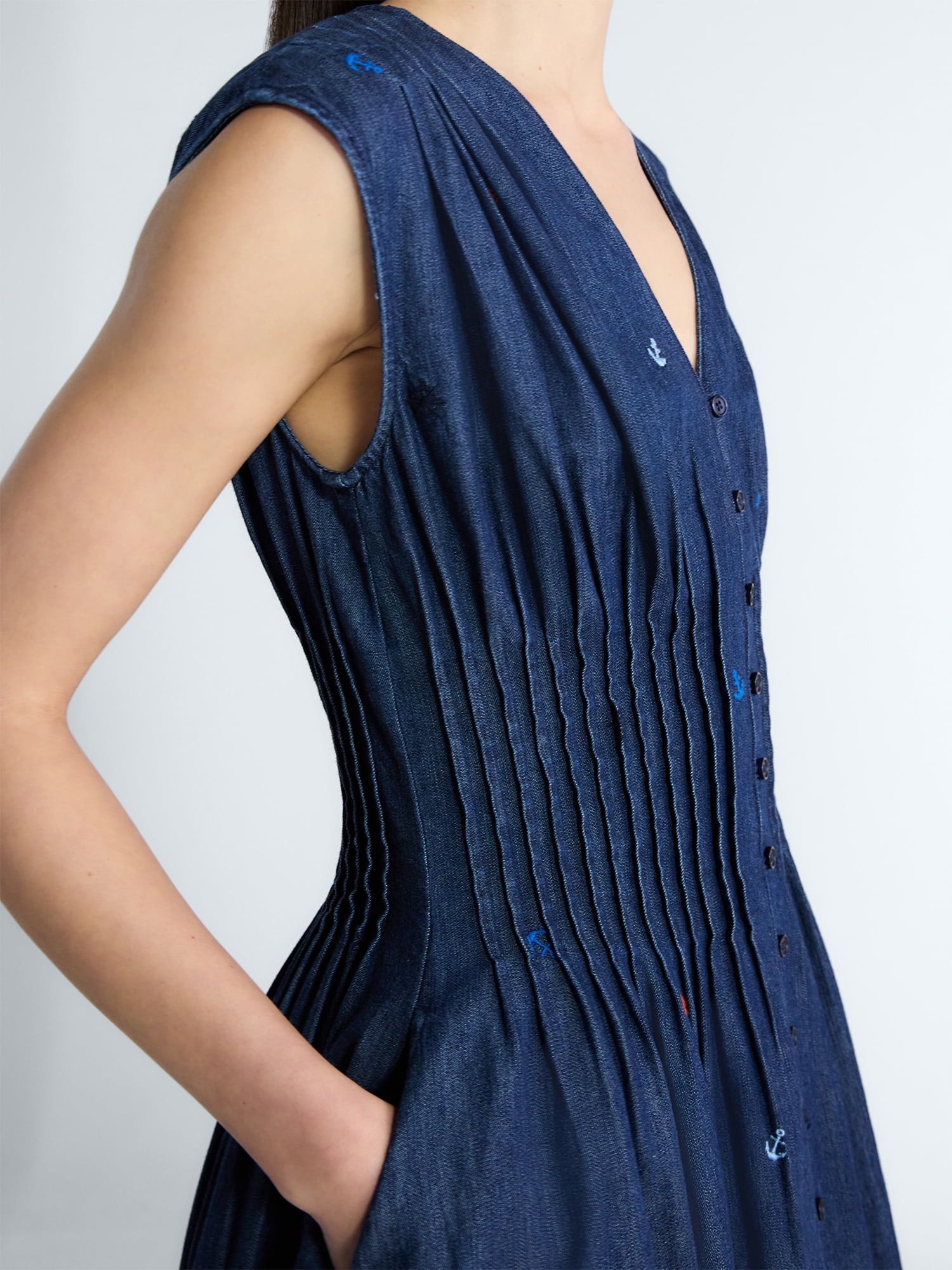 Free Assembly Women's Sleeveless Embroidered Denim V-Neck Midi Dress, Sizes XS-4X