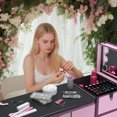 thumbnail image 2 of Portable Manicure Table with LED Mirror, Bluetooth & USB Port, Rolling Makeup Train Case with Foldable Nail Table and Password Lock, Nail Desk with 3 Drawers for Nail Techs & Salons, Pink, 2 of 9