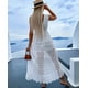thumbnail image 5 of Vestidos largos de encaje floral blanco para mujer, vestido vintage con escote en V, sin mangas, con volantes irregulares, vestido de verano bohemio para playa, vestidos casuales, 5 of 5