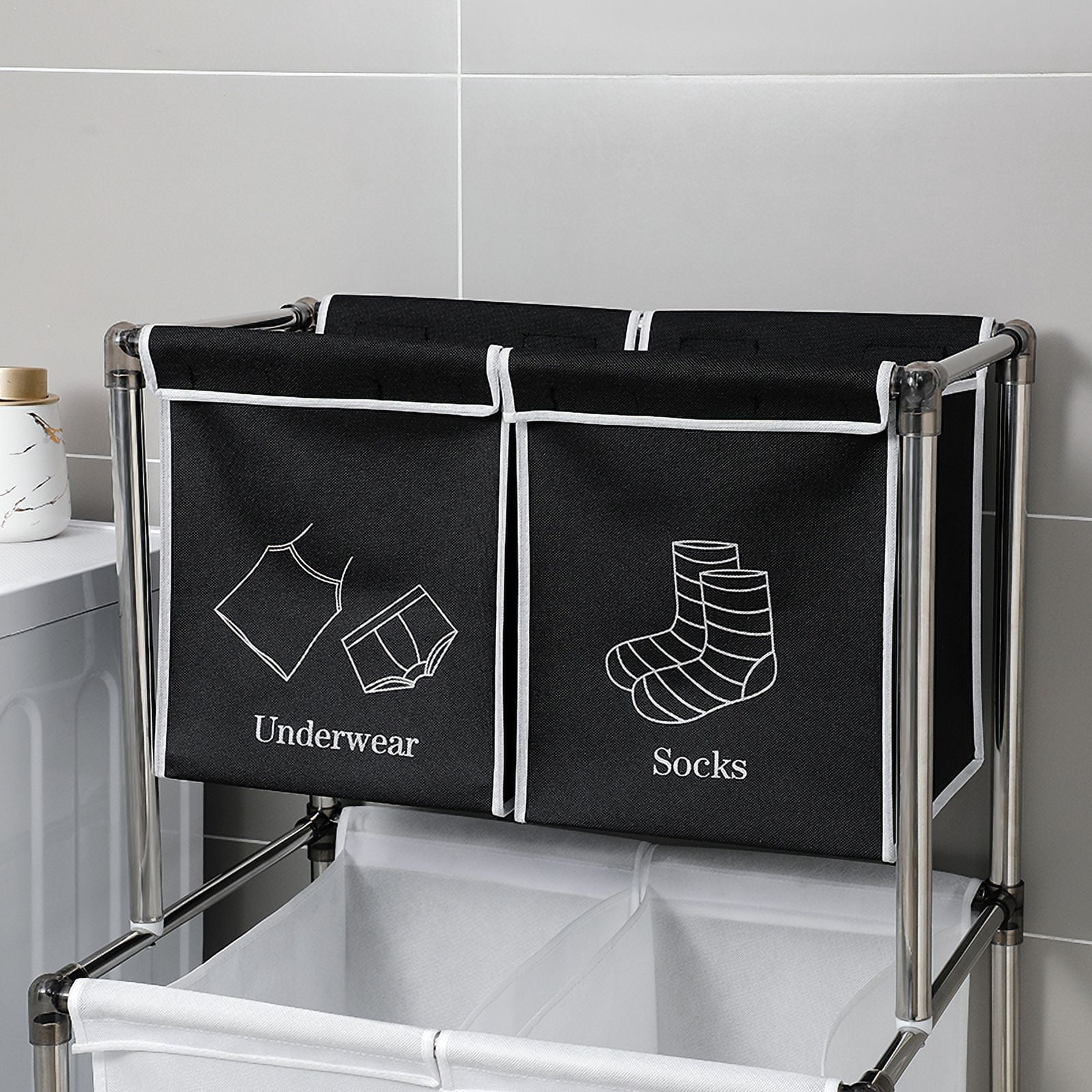 2 Tier Laundry Basket Sorter with 4 Removable Bags and Wheels, Double Layer Frame, Fabric Organizer for Lights Darks, Black White