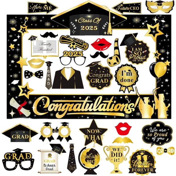 30pcs 2026 Graduation Photo Booth Props with Frame Fancy Black Gold Photography Paper Props for Family Grad Party Favors Supplies Decorations,Glasses Moustache Mask Red Lips Bow Pattern