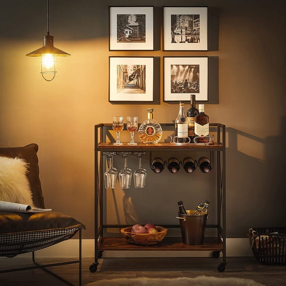 Bar Cart, Serving Cart, Mobile Kitchen Shelf with Glass Stemware Rack and Wine Bottle Holders, Industrial, Rustic Brown and Black ULRC088B01