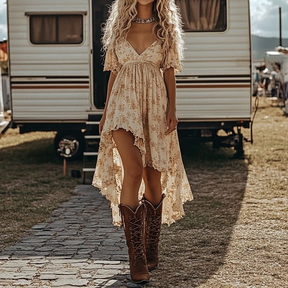 Western Cowgirl Dress for Women Chiffon Deep V Tie Front Vintage Boho Western Floral Dresses with Asymmetrical Hem Beige L
