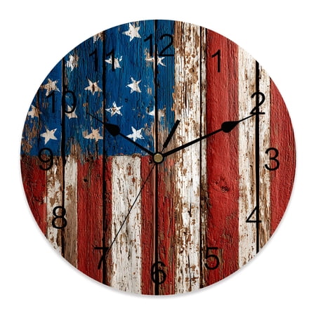 Wall Clock 14 Inch Shabby American Flag Round Silent Decorative Wall Clocks Battery Operated for