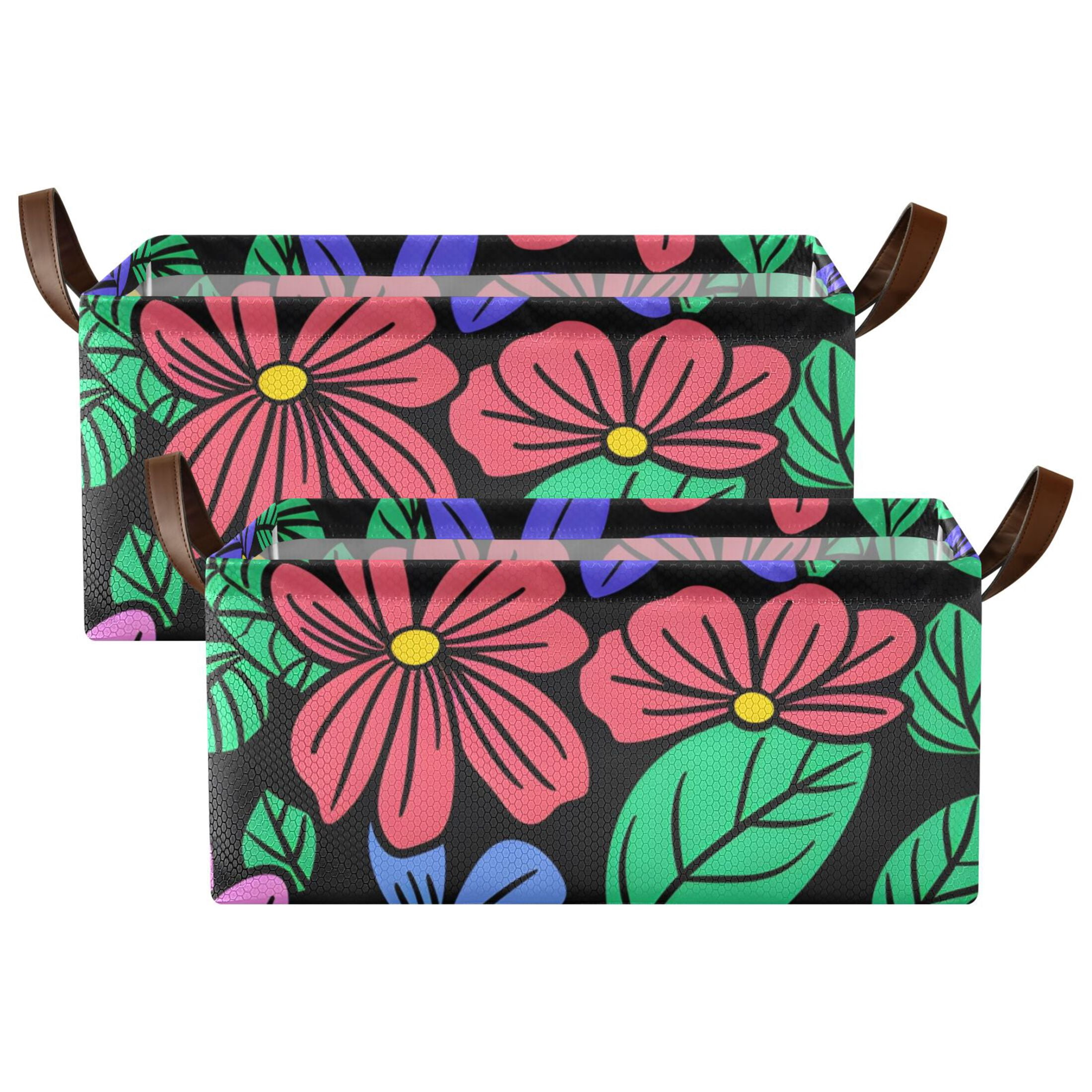 Flowers and Leaves Black Storage Bins with Handles Foldable Storage Baskets for Shelves Organizer Cloth Baskets