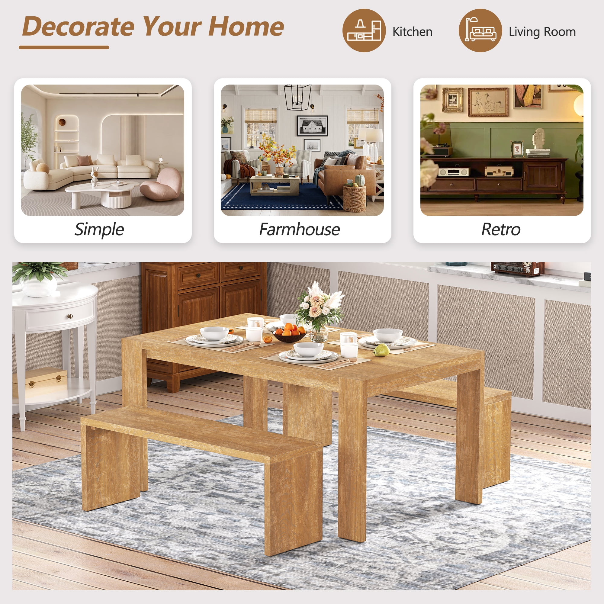 EUROCO 3-Piece Dining Table Set for 4, 60" Wood Kitchen Room Table Set with 2 Benches,Space-Saving Design for Apartment, Small Space and Breakfast Nook,Natural