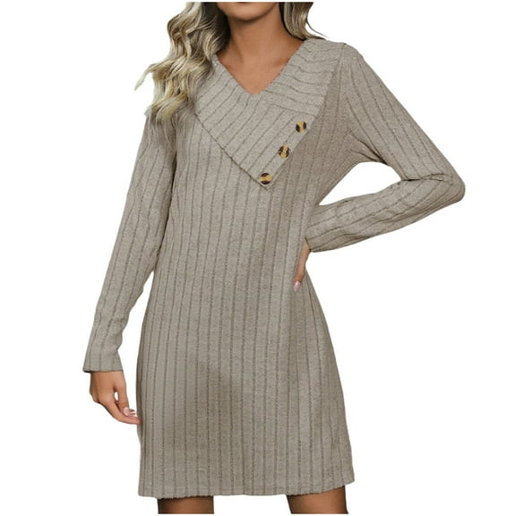 Ashirexll Womens Fall Dresses, Long Sleeve Dress for Women, Womens Solid Color Brushed Striped Knitted Dress Long Sleeve Button Collar Straight Dress