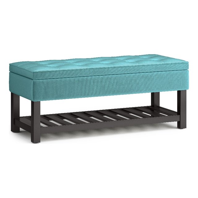 Banc d'Appoint de Rangement Cosmopolitan 44" avec Fond Ouvert en Tissu Velours Aqua