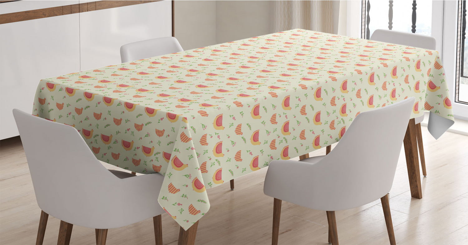 Rectangle Satin Table Cover Accent for Dining Room and Kitchen Ambesonne Rooster Tablecloth Ivory Pink 52 X 70 Pattern Easter Hens and Flowers Illustration