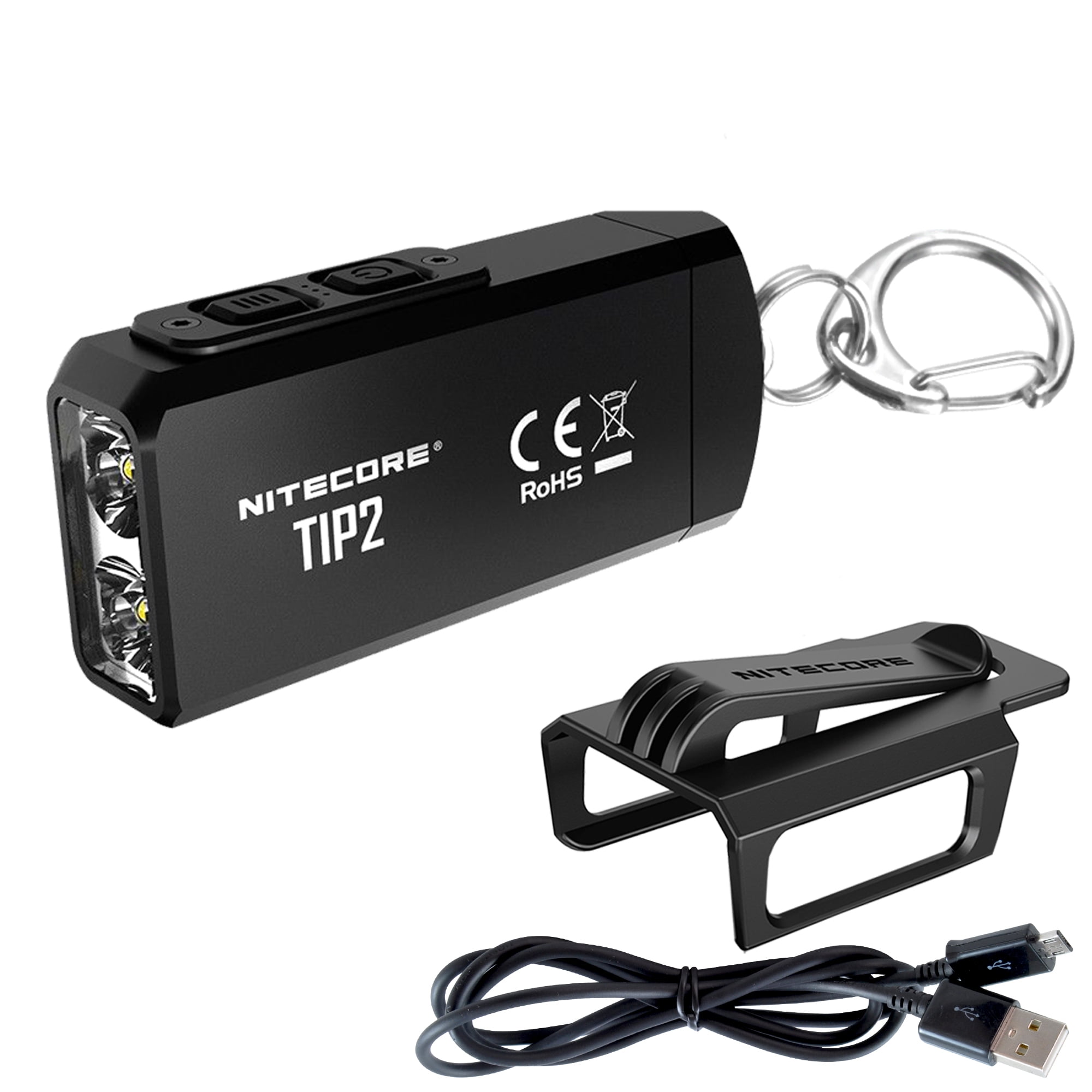 Black 360 Lumens Nitecore Tip SS Keychain Flashlight w/USB Cord & Clip 