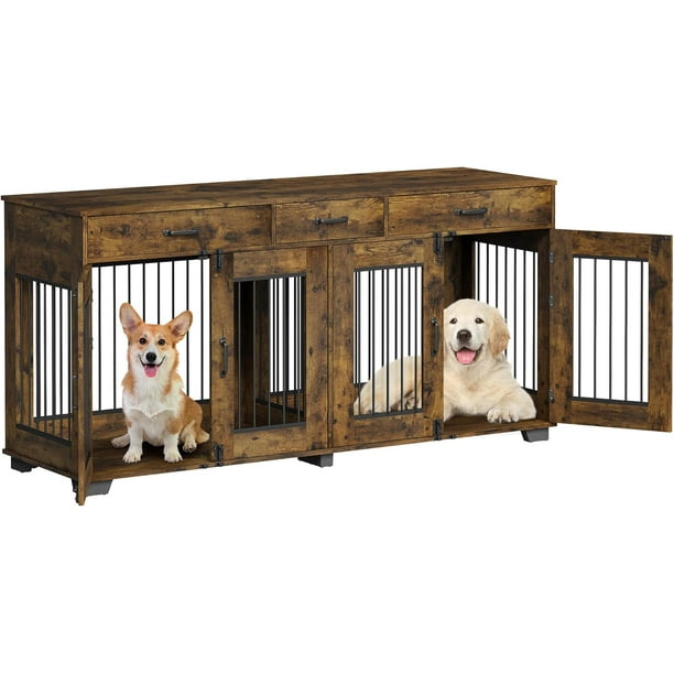Historyli Jaula doble de madera para perros,tamaño XXL,para interior,con 3 cajones y separador de ambientes extraíble,mesa auxiliar con soporte para TV y puertas dobles,jaula para 2 perros.,Retro