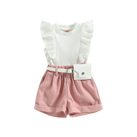 

TFFR 0-4Y Kids Girls Flying Sleeves Ribbed Tank Tops Elastic Shorts with Belt Bag