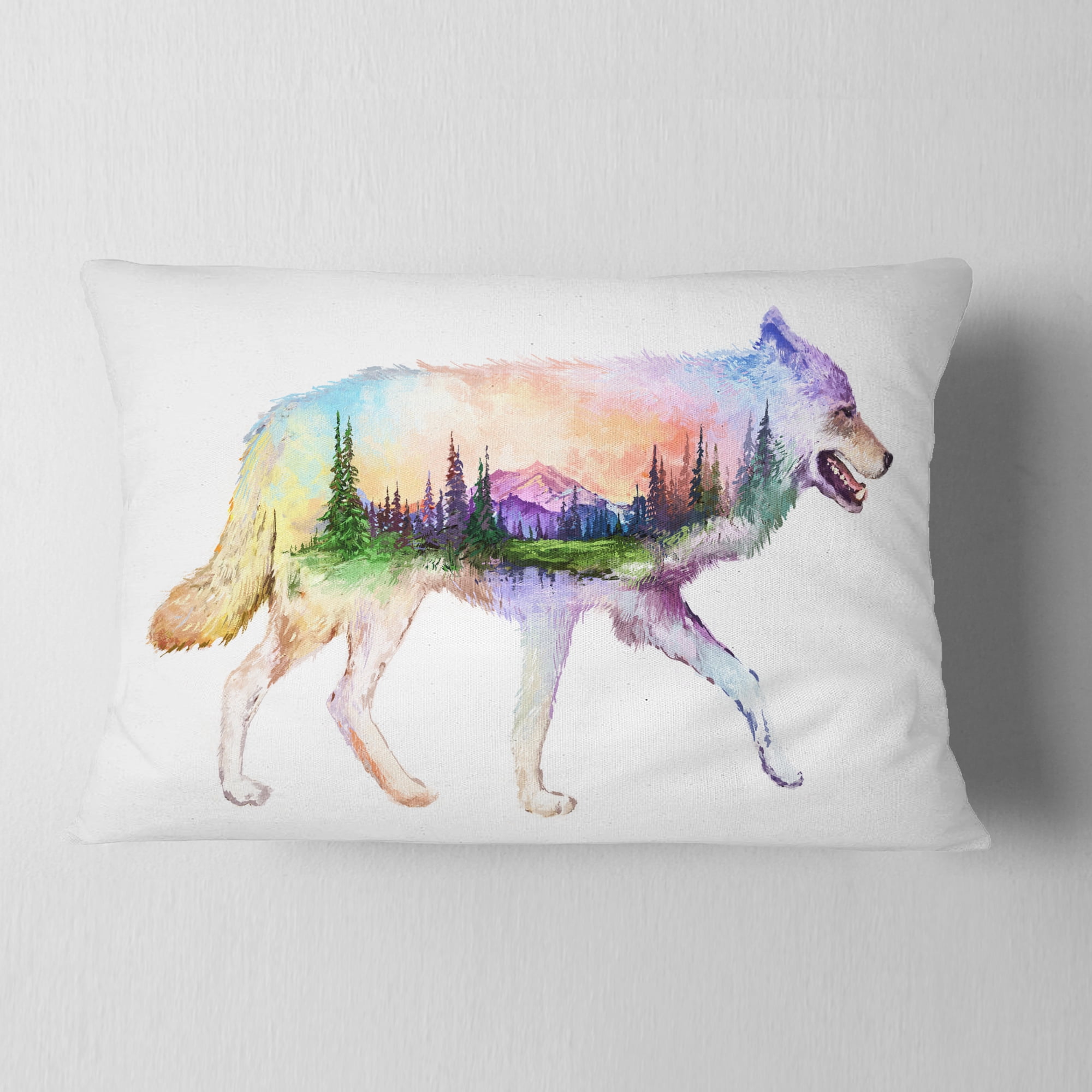 Designart Wolf Double Exposure Illustration - Animal Throw Pillow - 12x20