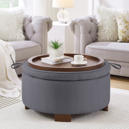 Round Storage Ottoman with Reversible Lid – Boucle Fabric Upholstered Footstool Hidden Storage Compartment Wooden Legs Dual-Purpose Seat & Side Table for Living Room Bedroom