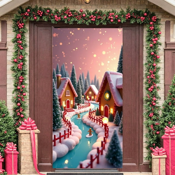 Pink Theme Merry Christmas Banner Christmas Tree Design Xmas Backdrop Snowflake Pattern Gift Decorations Holiday Background for Christmas Party Family Gathering Winter Celebration