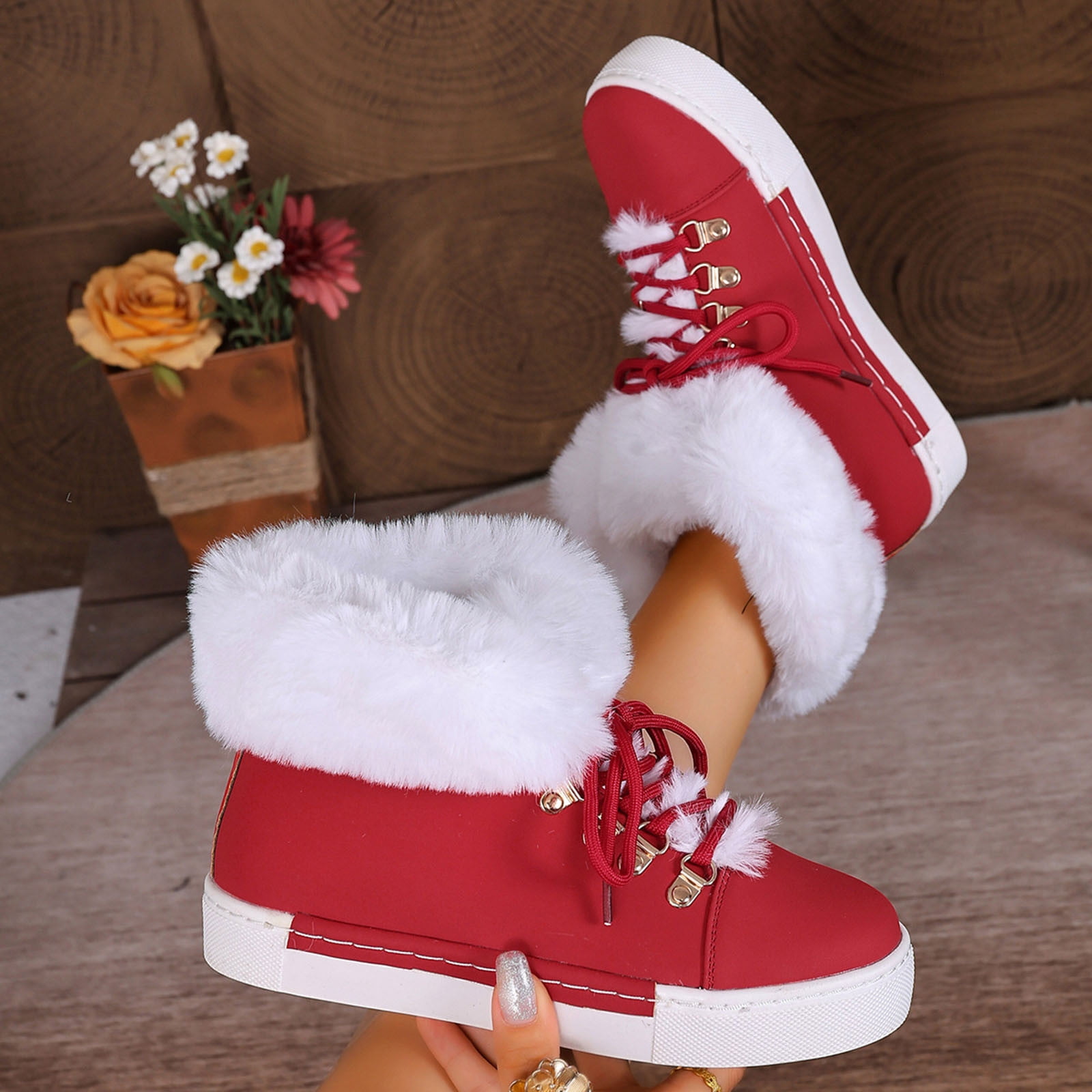 Dasayo Booties for Women Red Hiking Furry Ankle Flat Heel Faux Leather Lace up Winter Shoes Ladies Shoes 40