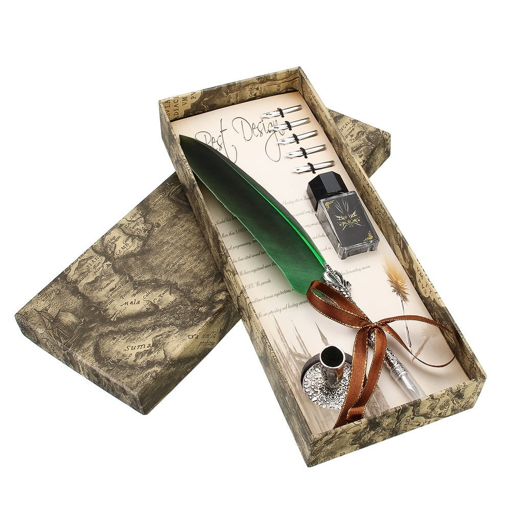 Natural Feather Quill Pen Set Dip Pen and 5pcs Stainless Steel Nibs
