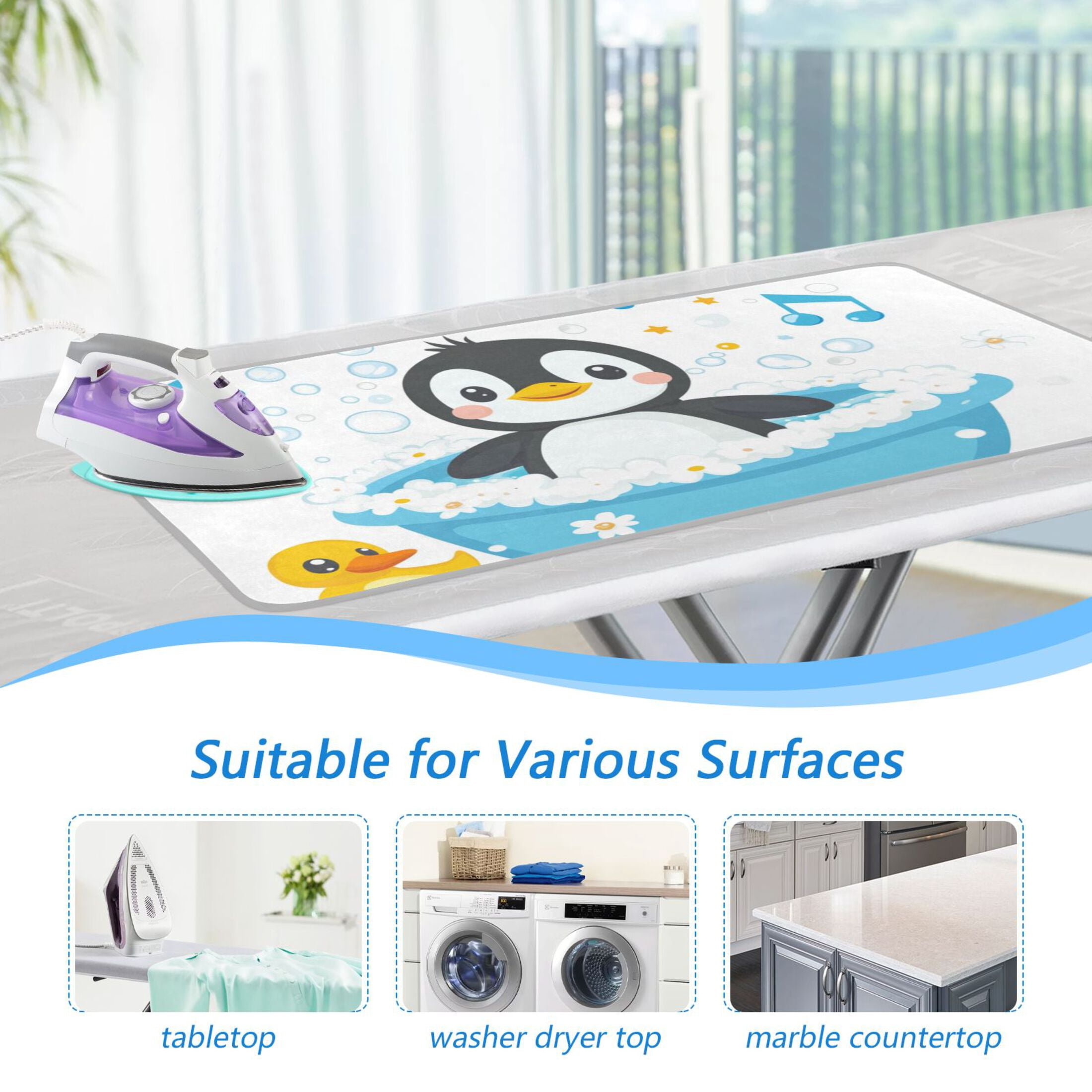 Cute Penguin Bathing Ironing Mat Blanket Portable Travel Ironing Pad Heat Resistant Pad 47.2" x 27.6”
