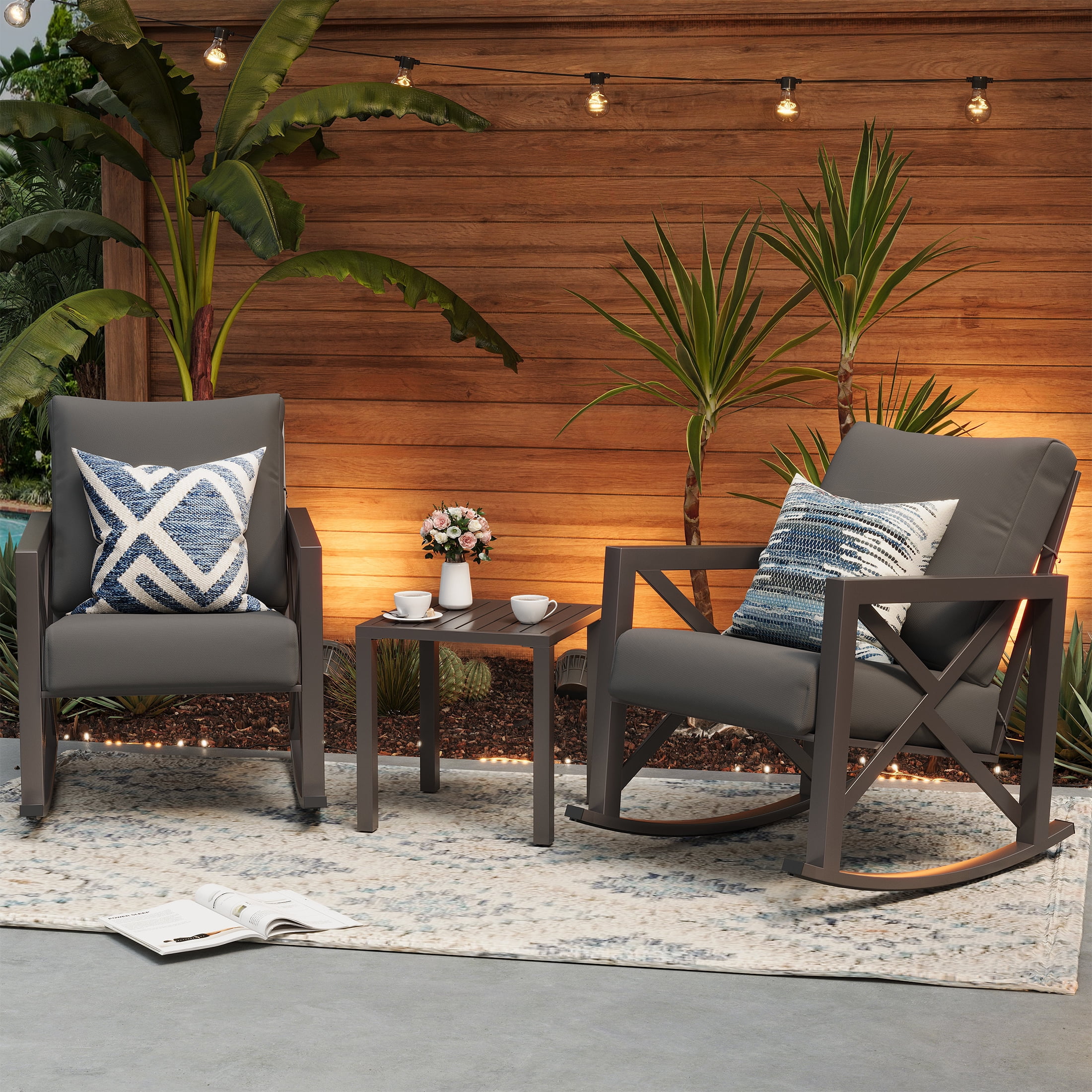 UDPATIO 3-Piece Metal Patio Rocking Chair Set, Heavy Duty 350 lbs Capacity Outdoor Bistro Furniture Set with 2 Rockers, Thick Cushions and Coffee Table for Porch, Rust-Resistant, Grey