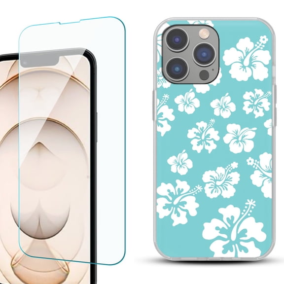 OneToughShield ® for iPhone 15 Pro Max Shockproof Fashion Phone Case, with Tempered Glass Screen Protector - Hibiscus Teal