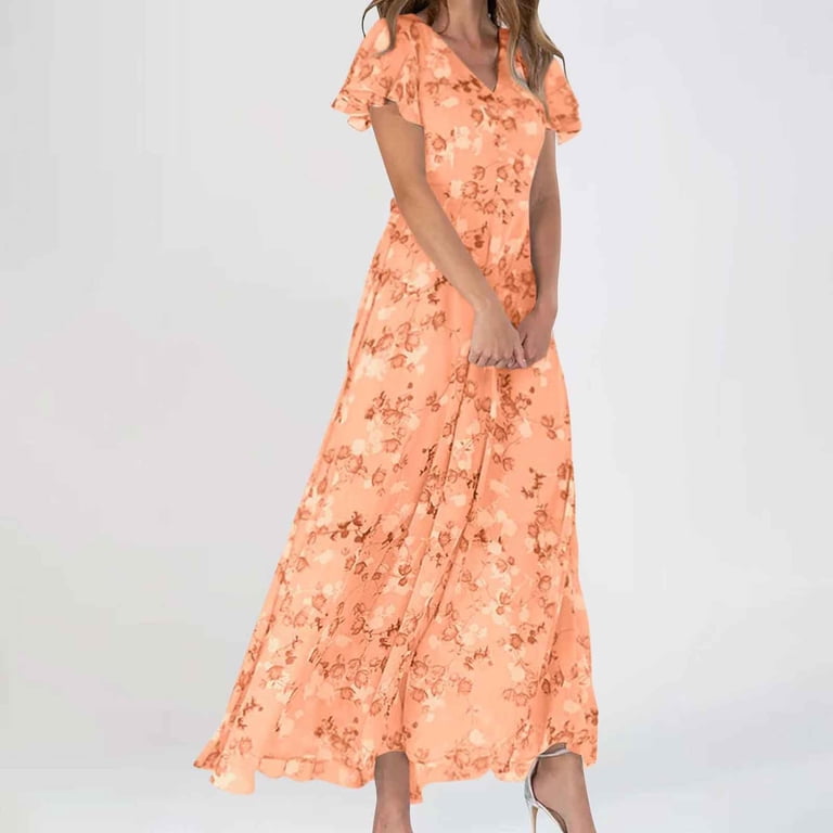 JYLPZYR Petite Summer Dresses For Women Women'S Fashionable Summer Casual Floral V Neck Short Sleeved Long Dress Long(Orange,M) - Walmart.com JYLPZYR Petite Summer Dresses For Women Women'S Fashionable Summer Casual Floral V Neck Short Sleeved Long Dress Long(Orange,M) - Walmart.com