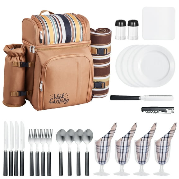VEVOR Picnic Backpack, Beach Picnic Backpack Bag for 4 Person with Insulated Cooler Compartment, Detachable Bottle/Wine Holder,Lightweight Blanket,Plates and Cutlery Set for Hiking & Camping,Brown