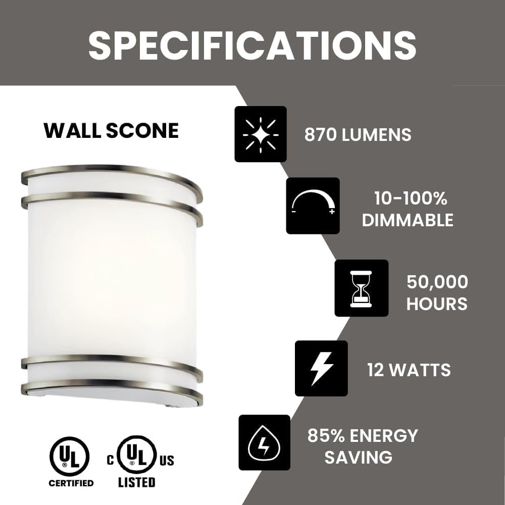 Wall Sconce Brushed Nickel 3CCT (3000K/4000K/5000K) Adjustable, Dimmable 12W Modern Wall Mounted Sconces Wall Lighting with Glass Shade for Bedroom, Stairway, Bathrooms, Hallways & Entryways (2 Pack)