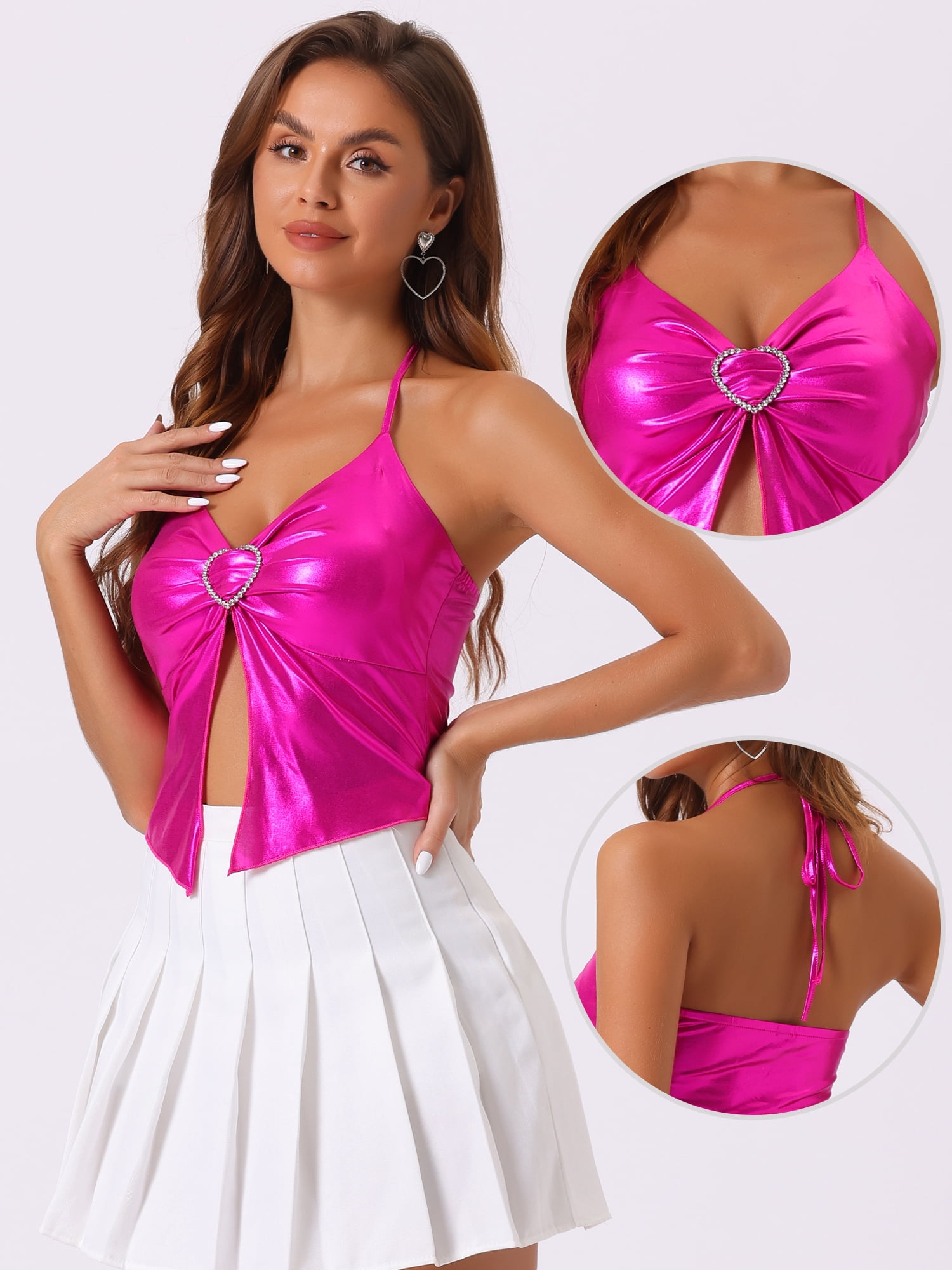 DARING DIVA Women's Stylish Asymmetrical Spaghetti Straps Halter Tank Top M Hot Pink