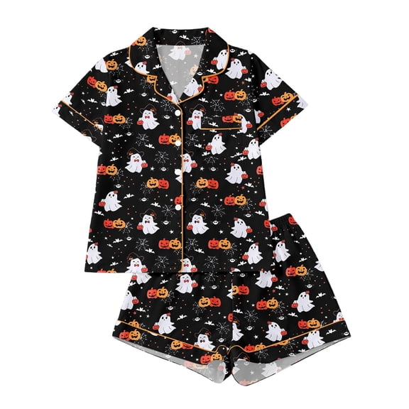 Tisuna Halloween Pajamas Set For Womens Pumpkin Ghost Print Short Sleeve Button Down Tops And Shorts Sleepwear Pjs Sets Cute 2 Pieces Sleep Wear S-XXL