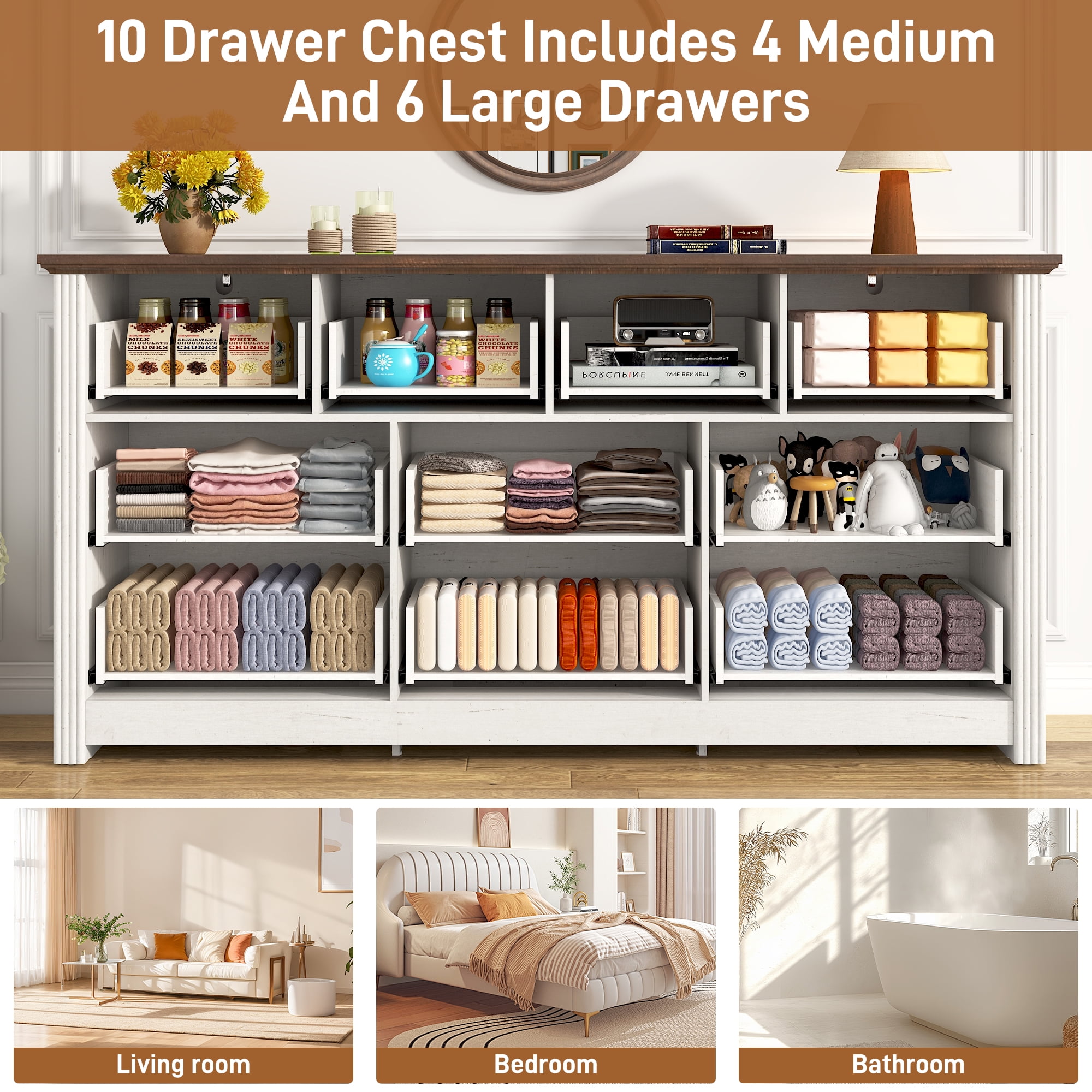 ChVans Farmhouse 10 Drawers Dresser for Bedroom, 63'' Wide Wood Rustic Chest of Drawers with Natural Texture, Vintage Design, Large Storage Dressers Organizer for Living Room, Hallway