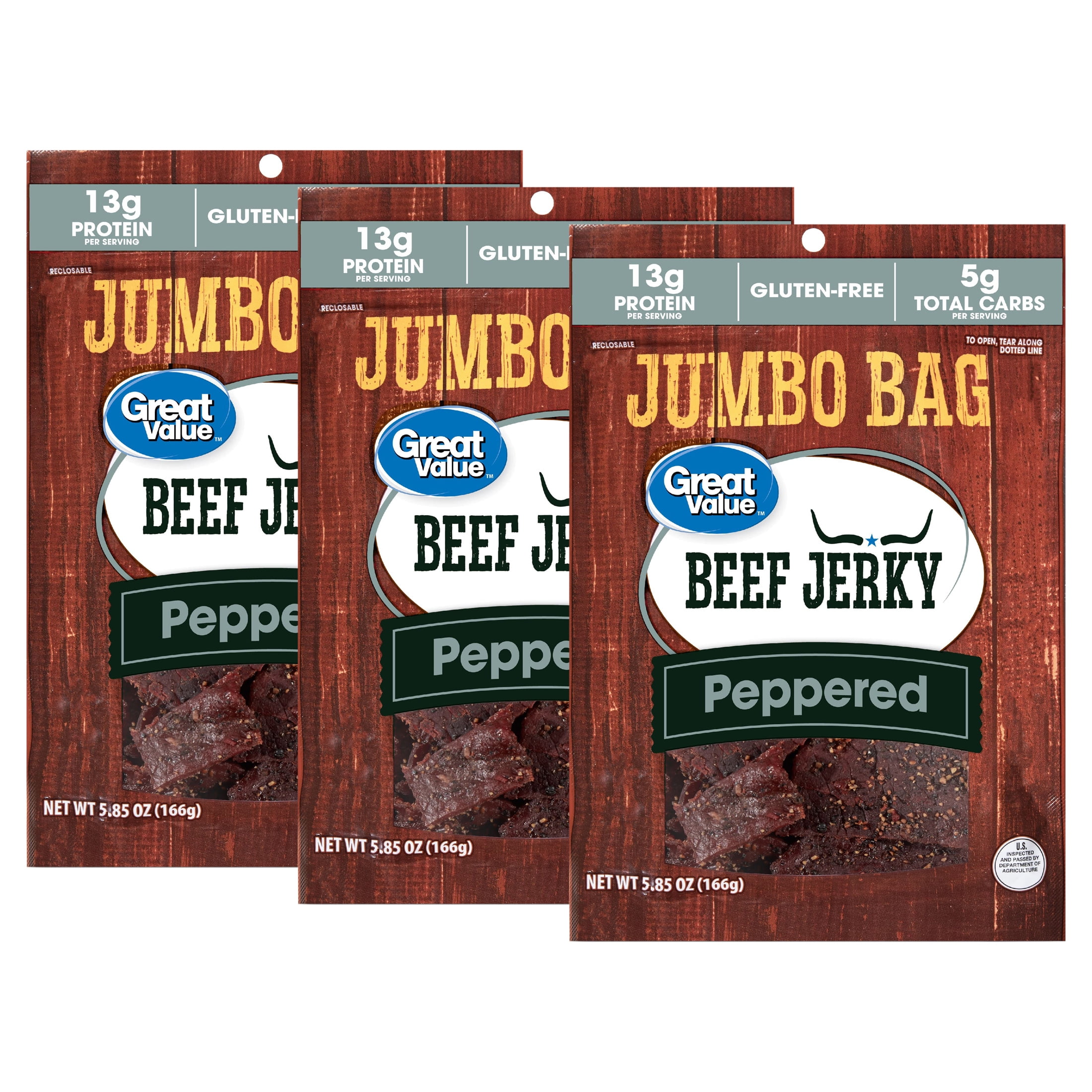(3 pack) Great Value Peppered Beef Jerky, 5.85 oz