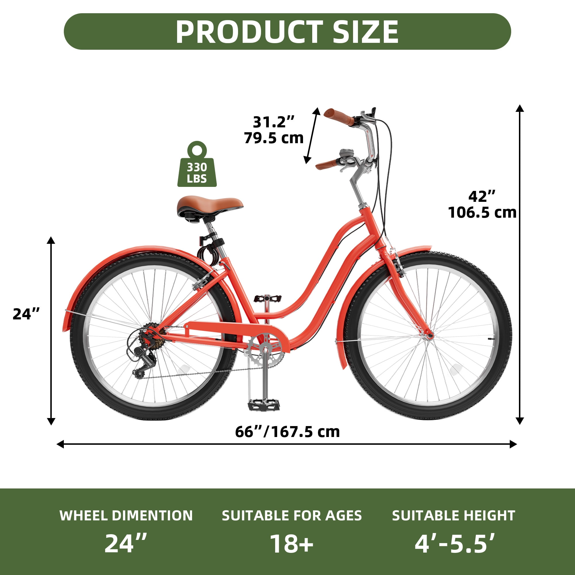 Uforic24'' Beach Cruiser Bike, 7-Speed, Step-Through Bicycle for Men & Women, Steel Frame, Orange