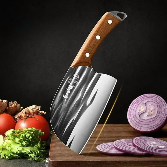High Carbon Steel Meat Cleaver with Rosewood Handle. Hand Froged Versatile Use Kitchen Knife for Home Cooking and Outdoor Grilling.
