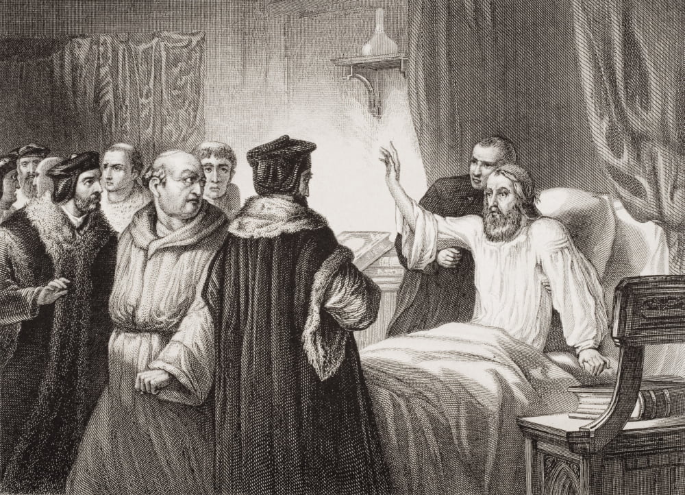 Wycliffe On His Sick Bed Assailed By The Friars At Oxford 1378 John Wycliffe Also Spelled Wycliff WyclifWicliffe Wiclif C1330-1384 English Theologian Philosopher And Church Reformer Engraved By H Bour