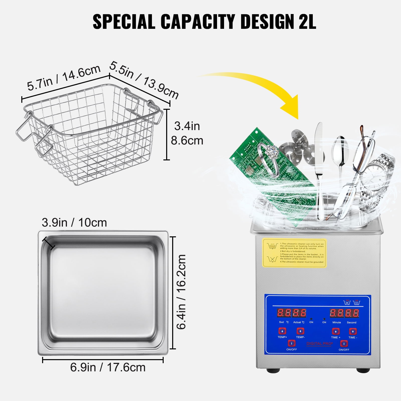 KFFKFF 2L Ultrasonic Cleaning Machine Stainless Steel Professional Digital Machine w/Timer 40kHz ​110V, FCC/CE/RoHS Certified for Jewelry Watch Glasses Diamond Eyeglass Small Parts Cleaning