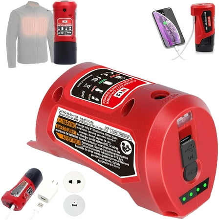 M-12 Battery Charger with Type-c Port & DC 12V Outlet，Power Source Replacement for Milwaukee m-12 12V Battery Adapter for Milwaukee Heated Jacket 49-24-2310 Compatible with 48-11-2420 48-11-2411