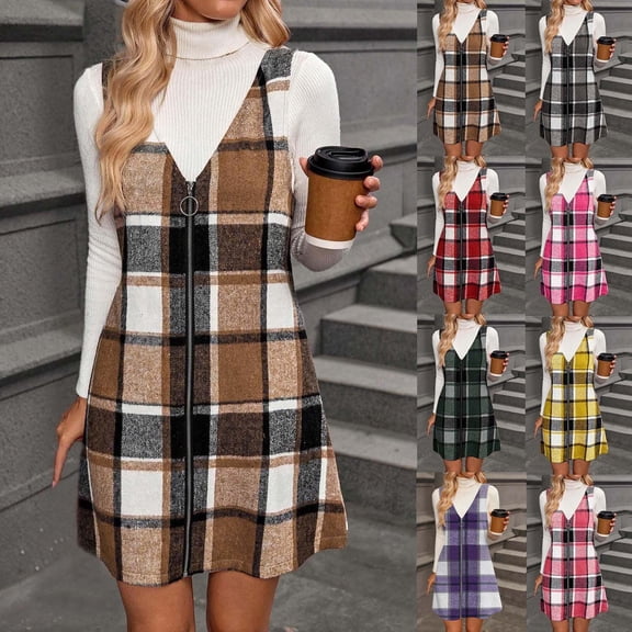 Zedker Women's Plaid Overall Dress Zip Front V Neck Knit Jumper Dresses Casual Sleeveless Dress for Women Cute Cozy