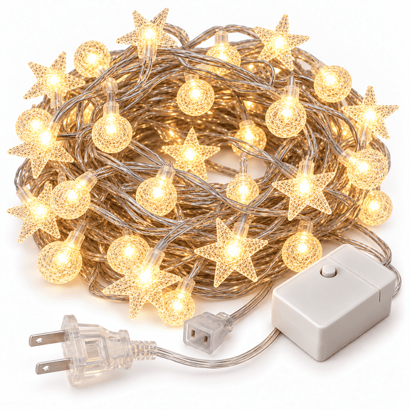 PUZZOSCARS 80 LED Star and Globe String Lights, 32.8 ft, Warm White, Plug-In Christmas Decor