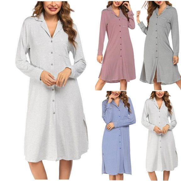 Elainilye Fashion PJs for Women Printed Long Sleeve Dress Casual Loose V-Neck Pajamas Nightdress Sleepwear,Red